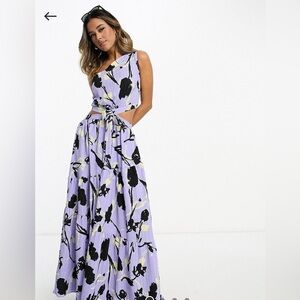 ASOS textured crinkle one shoulder maxi dress with cut out in purple floral